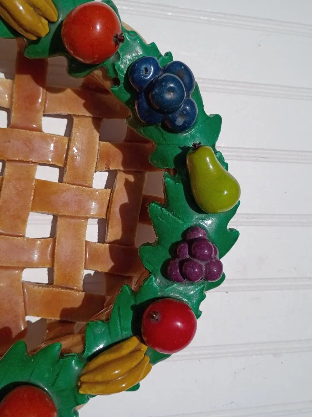 Vintage Salt Bread Dough Fruit Basket Woven Folk Art Centerpiece Bowl Handmade